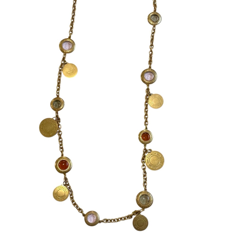 Vintage Coach 1941 Brass Coin Charm Necklace Multicolor Glass Cabochons Logo
